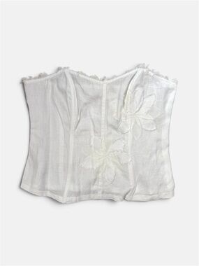 White Linen Embroidered Boned Bustier Strapless Top - Large